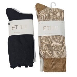 ET TU Fashion Crews Socks 6 Pair Black White Ribbed Ruffled Crew Socks Size 9-11